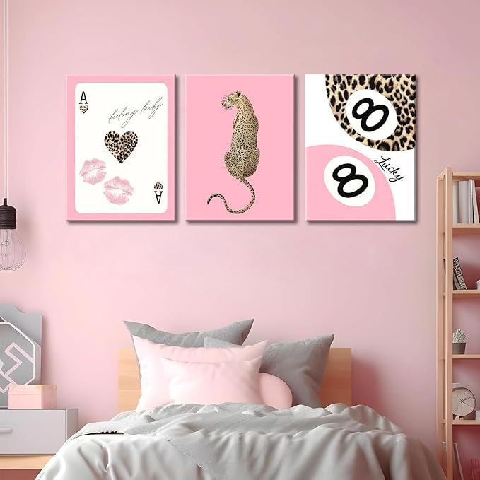 Set of 3 Trendy Pink Leopard Canvas Wall Art Cheetah Lucky 8 Ball Posters Prints Preppy Cheetah Aesthetic Wall Decor Pictures for Girly Bedroom Apartment Dorm Decoration 16x24in