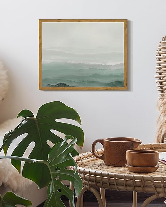SHENIFY Vintage Landscape Framed Wall Art Foggy Mountain Farmhouse Decor Retro Wilderness Illustrations Decorative for Kitchen Living Room Bedroom Bathroom - 8x10in Natural Framed