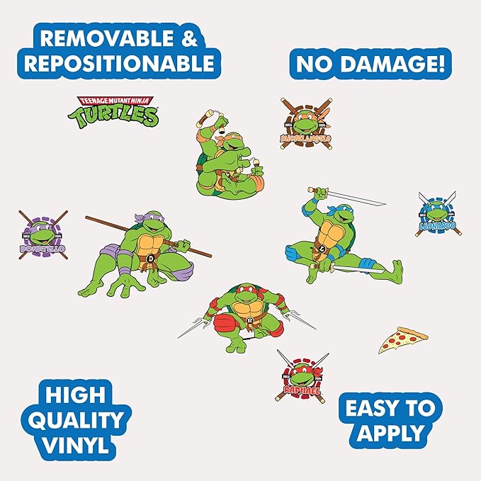 Teenage Mutant Ninja Turtles Wall Decals - Set of 10 TMNT Vinyl Wall Sticker Bedroom Decorations - Peel and Stick Room Decor Red Green Blue Purple