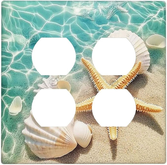 Outlet Covers Sea Shells And Star Fish In Ocean Beach 2 Gang Double Duplex Decorative Light Switch Covers Electrical Wallplates Socket Faceplate For Bathroom Home Decor
