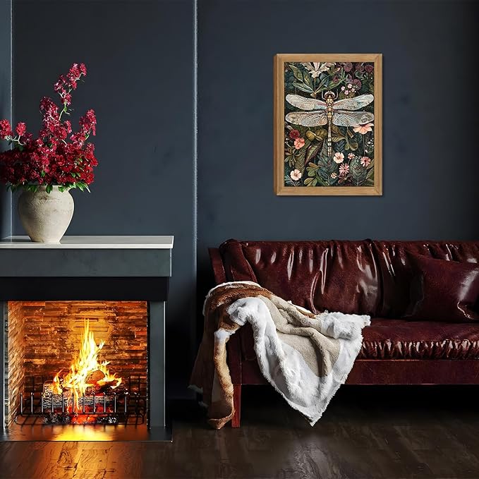 Framed Vintage 3D Textured Wall Art - Dark Green Dragonfly Flowers Wall Decor - Hand Drawn Sandstone Nature Botanical Pictures for Living Room Bedroom Home Decor 12x16in