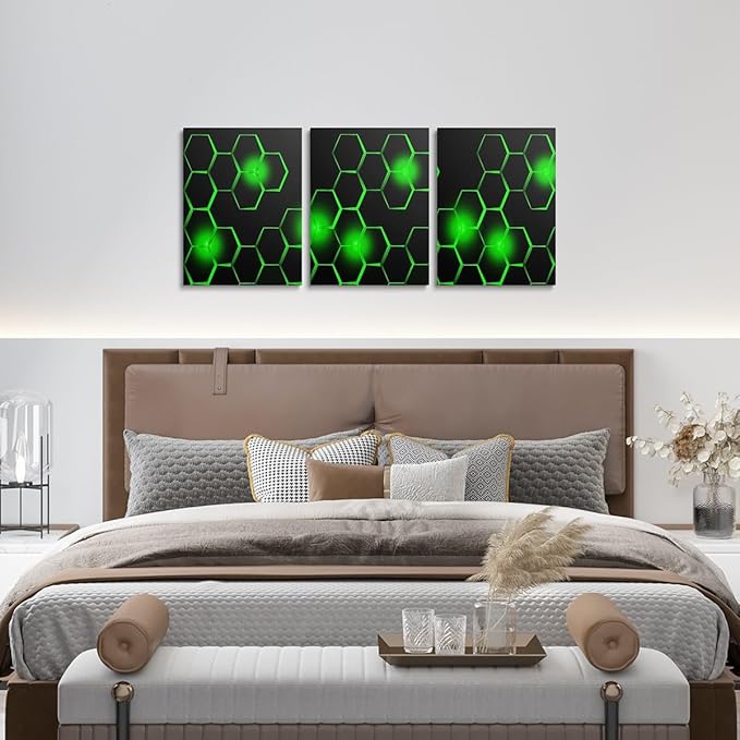 Feelyou Kids Honeycomb Canvas Wall Art 3 Piece 12" x 16" Ice Sports Games Picture Decor Geometrical Office Decorations Artwork Posters Beehive Geometric Black Green Painting