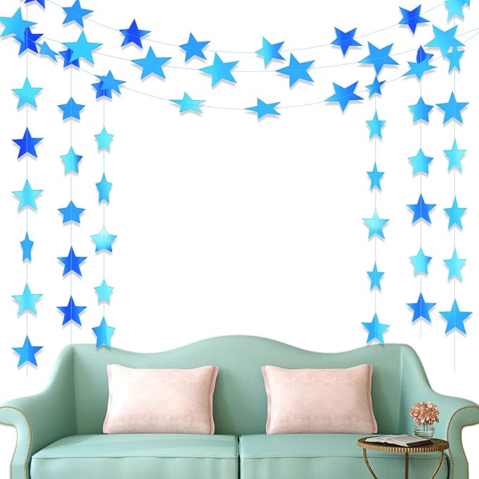Patelai Glitter Star Garland Banner 2026 Graduation Decor 130 Feet Star Hanging Banner Twinkle Backdrop for Party Birthday Classroom Wedding Supplies(Holographic Blue)