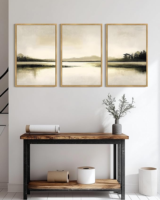 Drsoum Vintage Black Gray Abstract Laker Landscape Wall Art Framed Brown Tan Neutral Prints Minimalist Modern Rustic Artwork Bedroom Living Room Ready to Hang 24x36in Natural Framed
