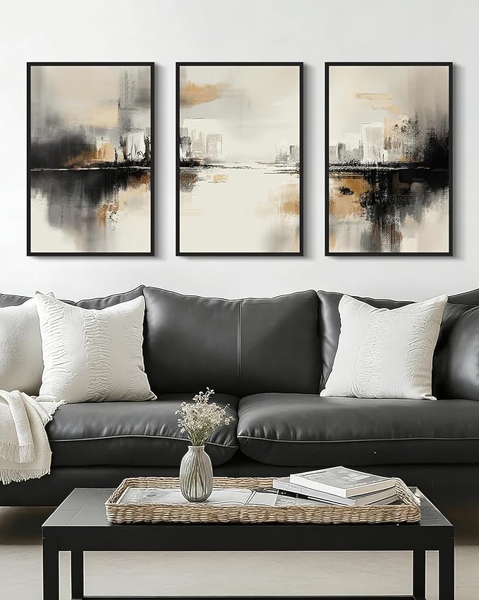Drsoum Vintage Black Gray Abstract Wall Art Framed Brown Tan Neutral Prints Minimalist Modern Rustic Artwork Bedroom Living Room Ready to Hang 16x24in Black Framed