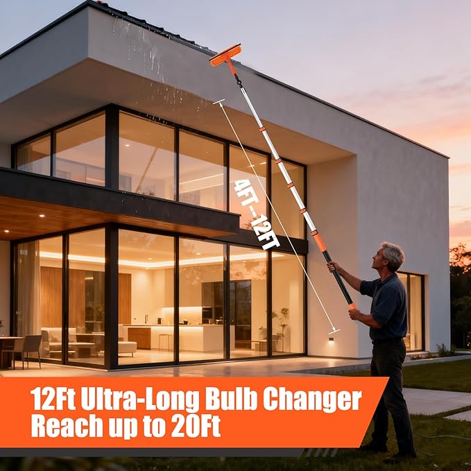 20FT Light Bulb Changer for High Ceilings with 5-12FT Heavy Duty Extension Pole,High Ceiling Fan Duster Extendable Reusable Cobweb,Feather,Window Cleaning Squeegee Kit for Home & House,Interior Roof