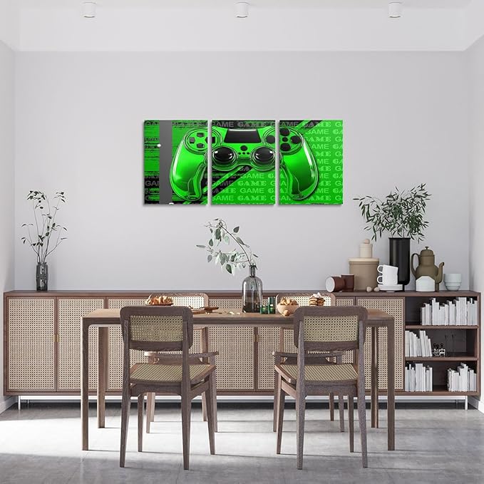 Feelyou Gamer Canvas Wall Art 12" x 16" 3 Piece Game Controller Office Wall Artwork Posters for Teens Adults Gaming Gifts Bathroom Wall Art for Home Gamepad Green and Black Wall Painting