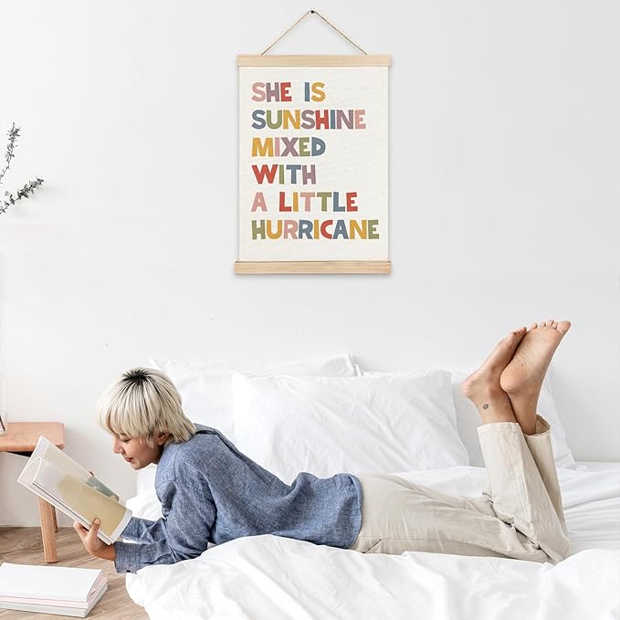 LZYRF Inspirational Wall Decor for Girls Room, She is Sunshine Mixed with a Little Hurricane Positive Quote Canvas Prints Wall Decor for Girls Kids Room Nursery Playroom 12x16 Inch