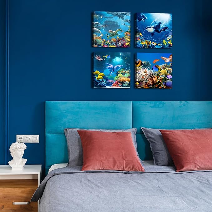 Blue Ocean Aquatic Animals Wall Art Sea Turtle Canvas Pictures Undersea Coral Dolphin Whale Fish Artwork for Bathroom Nautical Painting Nursery Kids Bedroom Living Room Home Decoration 20x20” 4 Pcs