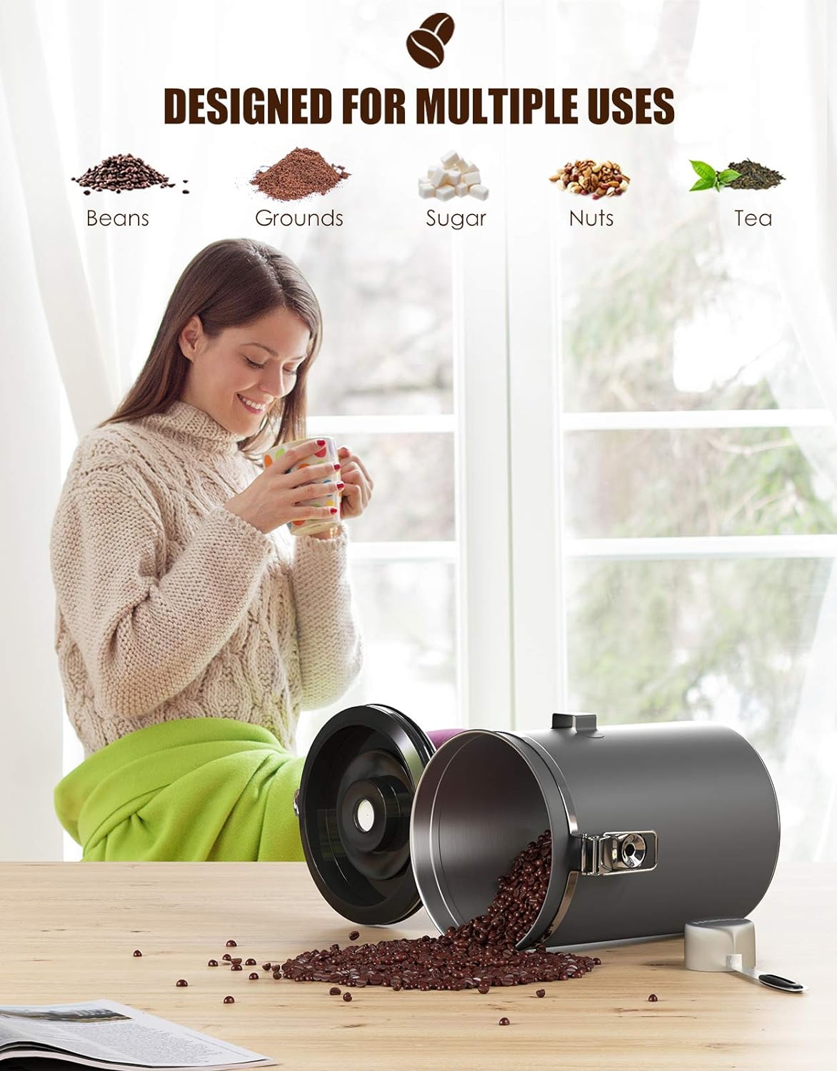HAIOOU Airtight Coffee Canister, 16OZ Small Stainless Steel Coffee Bean Storage Container with Date Tracker, Measuring Scoop, CO2 Releasing Valves and Mini Tongs for Beans, Grounds and more - Gray