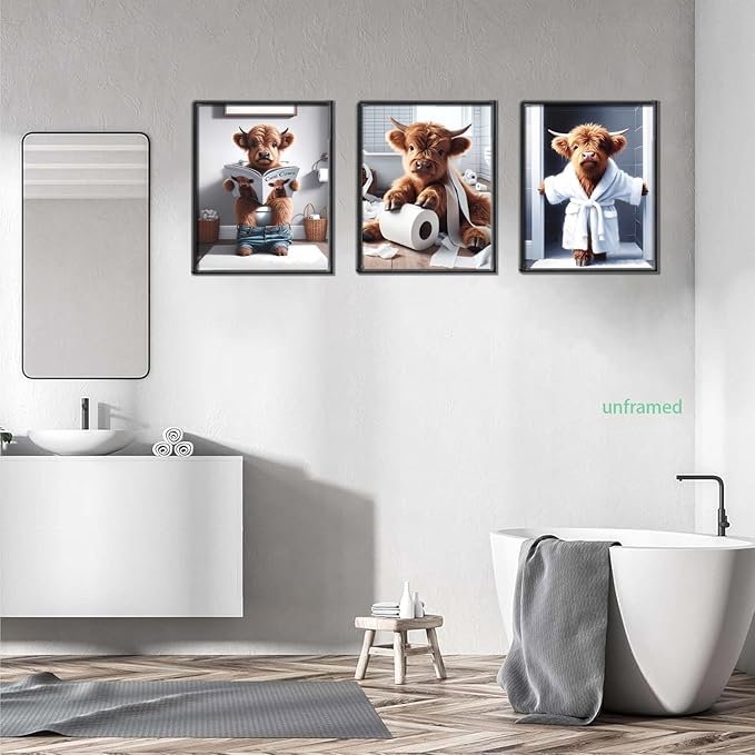 Funny Bathroom Highland Cow Wall Art, Brown Cute Cow Animal Canvas Posters Prints Wall Decor Set of 3, Vintage Rustic Farmhouse Home Painting Pictures for Kids Room Restroom 12x16 Inch Unframed