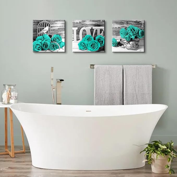 Turquoise Wall Art Teal Kitchen Wall Decor Black and Grey Rose Flower Pictures Bedroom Bathroom Accessories Floral Theme Canvas Prints Paintings Love Artwork Romantic Poster Home Decorations 16x16” 3P