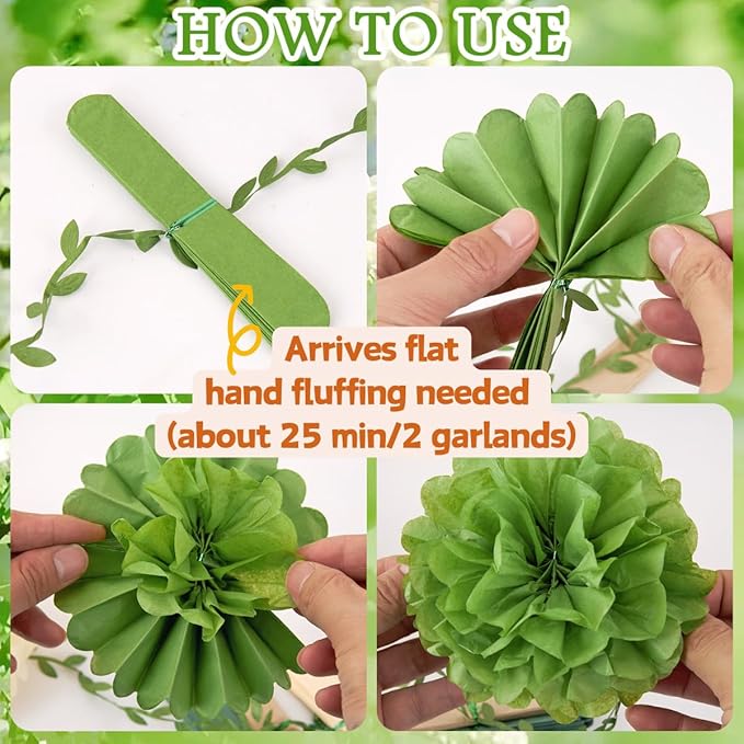 Paper Flower Garland, Saga Green, Light Beige and Cream Color Tissue Paper Flowers Party Decorations, Paper Flowers for Baby Shower, Garden Party, Wedding, Wall Decor, Spring Summer Decor