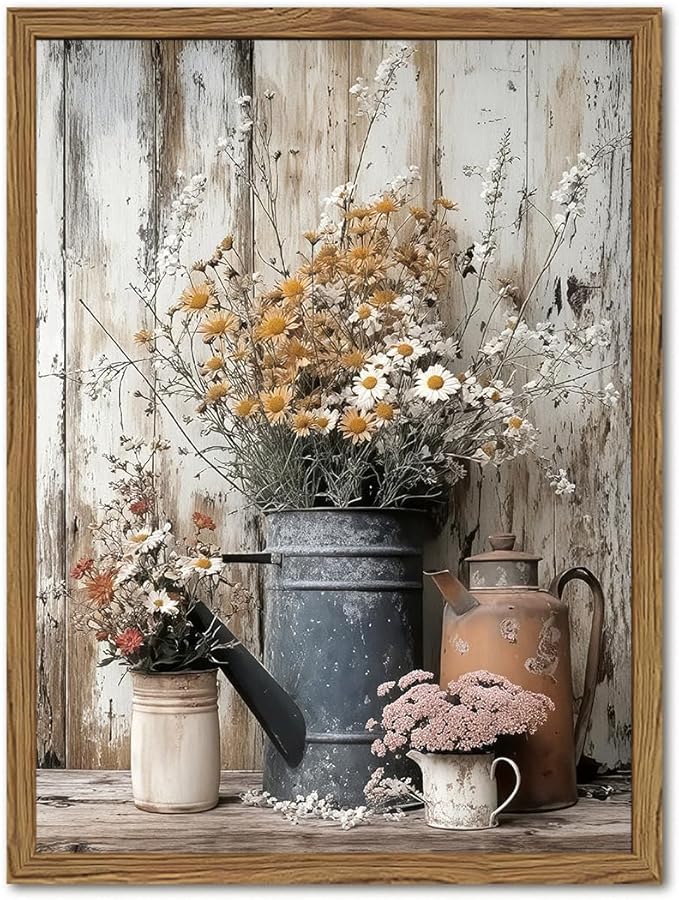 Wood Framed Farmhouse Vintage Canvas Wall Art, Rustic Floral Daisy Pictures Wall Decor Paintings, Country Flower Artwork Poster Prints for Living Room Kitchen Bedroom Bathroom 16x24 inch