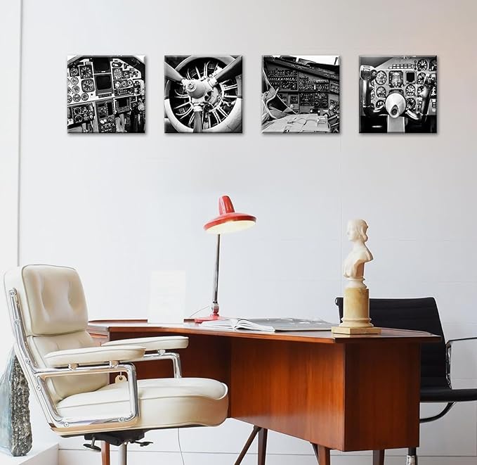 DJSYLIFE Vintage Airplane Wall Art - 4-Panel Black and White Canvas Print Poster, Propeller Plane Close-Up Decor for Office, Bedroom, Man Cave, Modern Home Decor, Ready to Hang 12"x12"x4