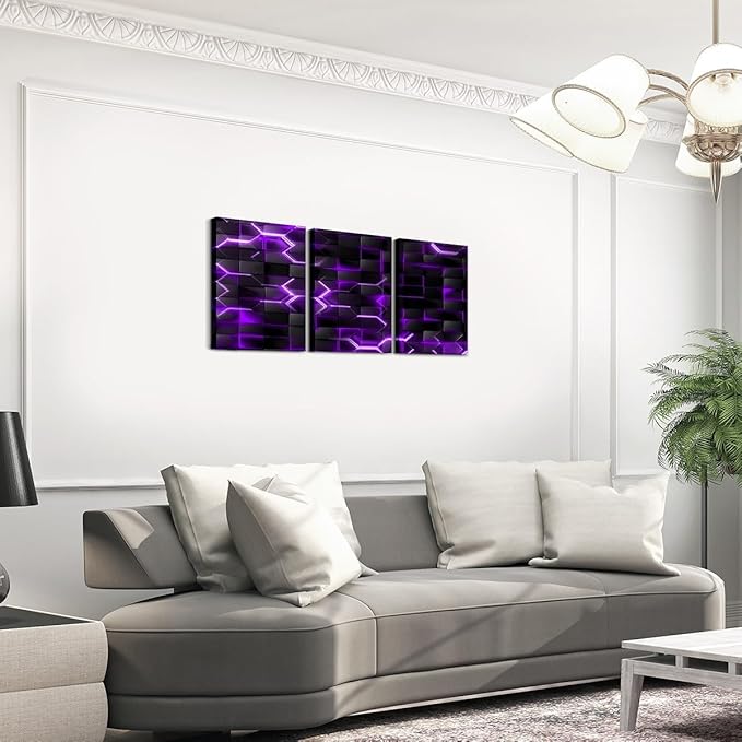 Feelyou Purple and Black Picture Wall Decor 12"x16" 3 Piece Honeycomb Canvas Wall Art Decor Hexagon Theme Office Decorations Artwork Posters Geometrical Beehive Painting