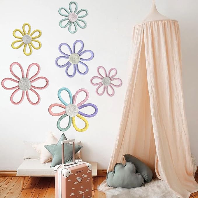 KUNHEHO Boho Wall Decor Set of 6 Daisy Flower Wall Decor Nursery Bedroom Decor Bohemian Macrame Wall Hanging Decor for Nursery Home Bedroom ((Vivid Colors)