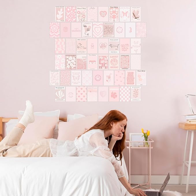 Pink Wall Collage Kit - Aesthetic Posters, Dorm Room Decor for Teen Girl (50pcs 4x6 inch)