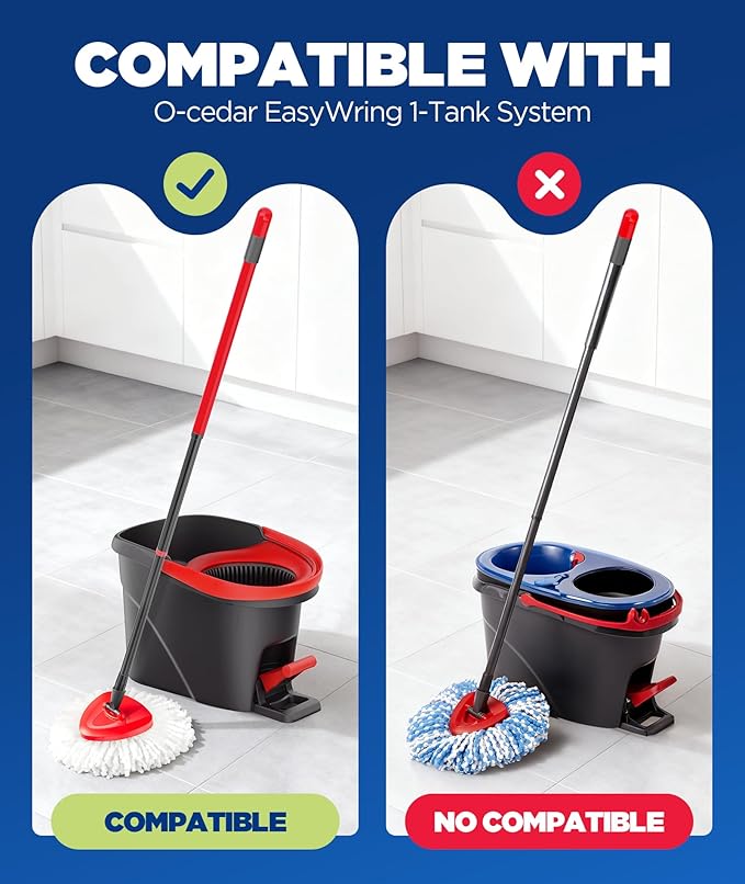 4-in-1 Mop Heads Replacements for O Cedar EasyWring 1 Tank System, Includes 1 Base | 1 Scrub Brush Head | 2 Spin Mop Heads, Full Set Mop Replace Heads for Cleaning Home, Bathroom & Kitchen