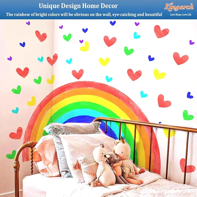 Large Watercolor Rainbow Wall Decals, Hearts Peel and Stick Fabric Nursery Wall Decor, Removable Home Room Wall Decor Murals Stickers for Kids Girls Toddler Bedroom Living Room Playroom
