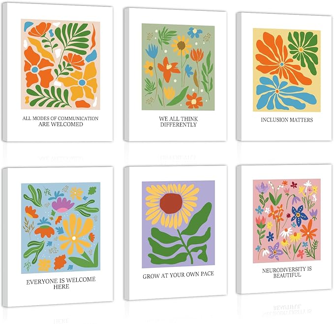 CHDITB Inclusive Diversity Wall Art, Inspirational Wall Decor, Set Of 6 Floral Motivational Frame Canvas Poster Equality Artwork Everyone is welcome Classroom Art Print For Home Nursery Decor 8”x10”