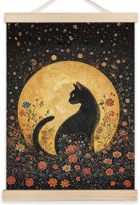 LZYRF Witchy Black Cat Full Moon Wall Art Poster Framed, Dark Cottagecore Decor, Whimsical Mystical Black Cat Floral Canvas Prints Wall Decor for Home Bedroom Living Room, 12x16 Inch