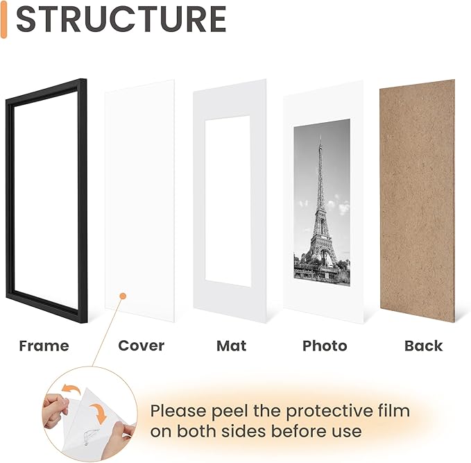 upsimples A4 Picture Frame Set of 5, Display Pictures 6x8 with Mat or 8.3x11.7 Without, Wall Gallery Poster Frames, Black