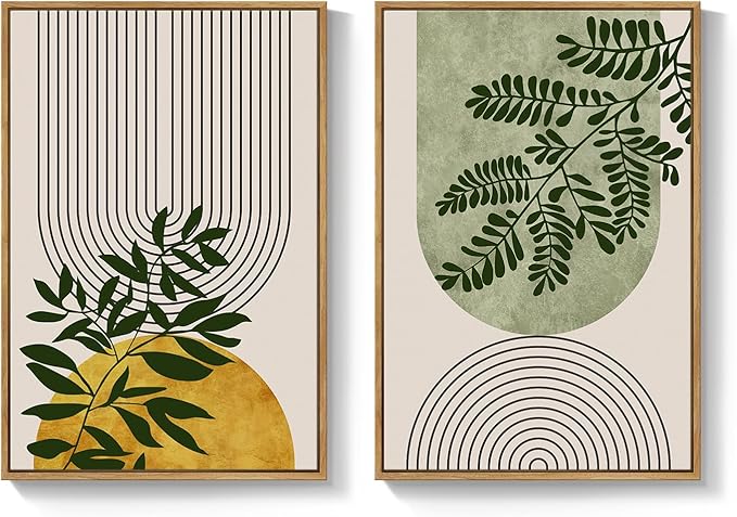 Framed Green Boho Wall Art for Living Room, Large Set of 2 Geometric Botanical Artwork for Walls, Bohemian Modern Neutral Canvas Painting Prints for Bedroom Office Kitchen Hallway Wall Decor, 20x30 In