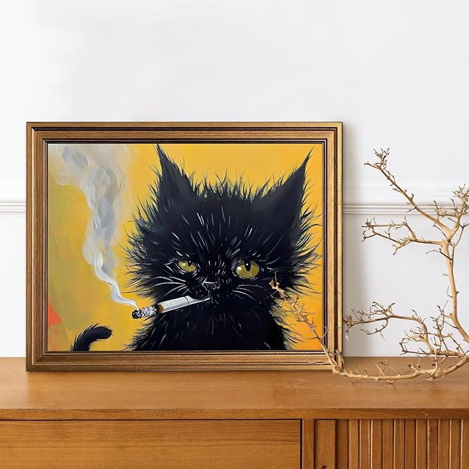 Aroutde Framed Funny Black Cat Wall Art, Cat Smoking a Cigarette Painting Vintage Gold Framed Wall Decor, Black Kitten Humor Animal Restroom Home Decoration (16L''x12W'')