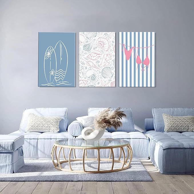 Beach Themed Wall Art Set of 3, Trendy Preppy Blue Surfboard Bikini Seashell Canvas Prints, Coastal Ocean Nautical Wall Decor Artwork for Bathroom Bedroom Living Room Home Decor 12x16 In Framed