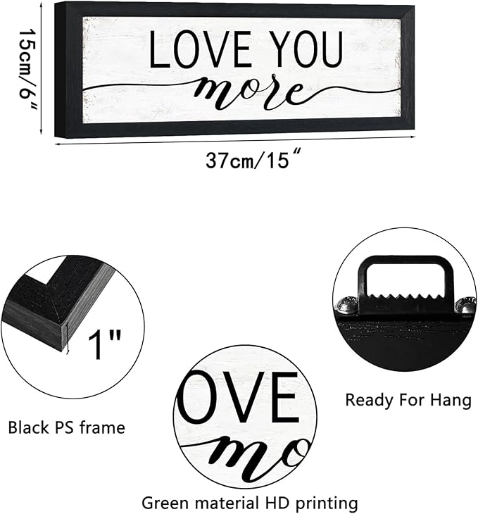 Love You More Sign: Love Wall Decor For Bedroom Farmhouse Home Decor Framed Above Bed Rustic Country Master Wall Art Decor 6" x 14.5"