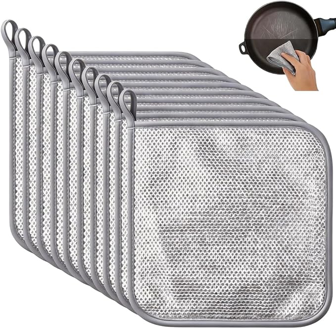 10-Pack Non Scratch Wire Dishcloths - 7.87"x7.87" Multipurpose Steel Dishwashing Rags for Wet and Dry, Metal Scrubbing Sponge Pads Towels for Home Kitchen Dishes, Stoves, Sink Cleaning
