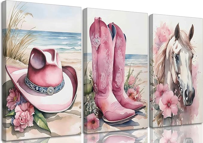 Djmwtb 3 Piece Canvas Wall Art Western Wall Decor Cowgirl Pictures Horse Prints Coastal Painting Pink Artwork for Bedroom Bathroom 12x16in Framed