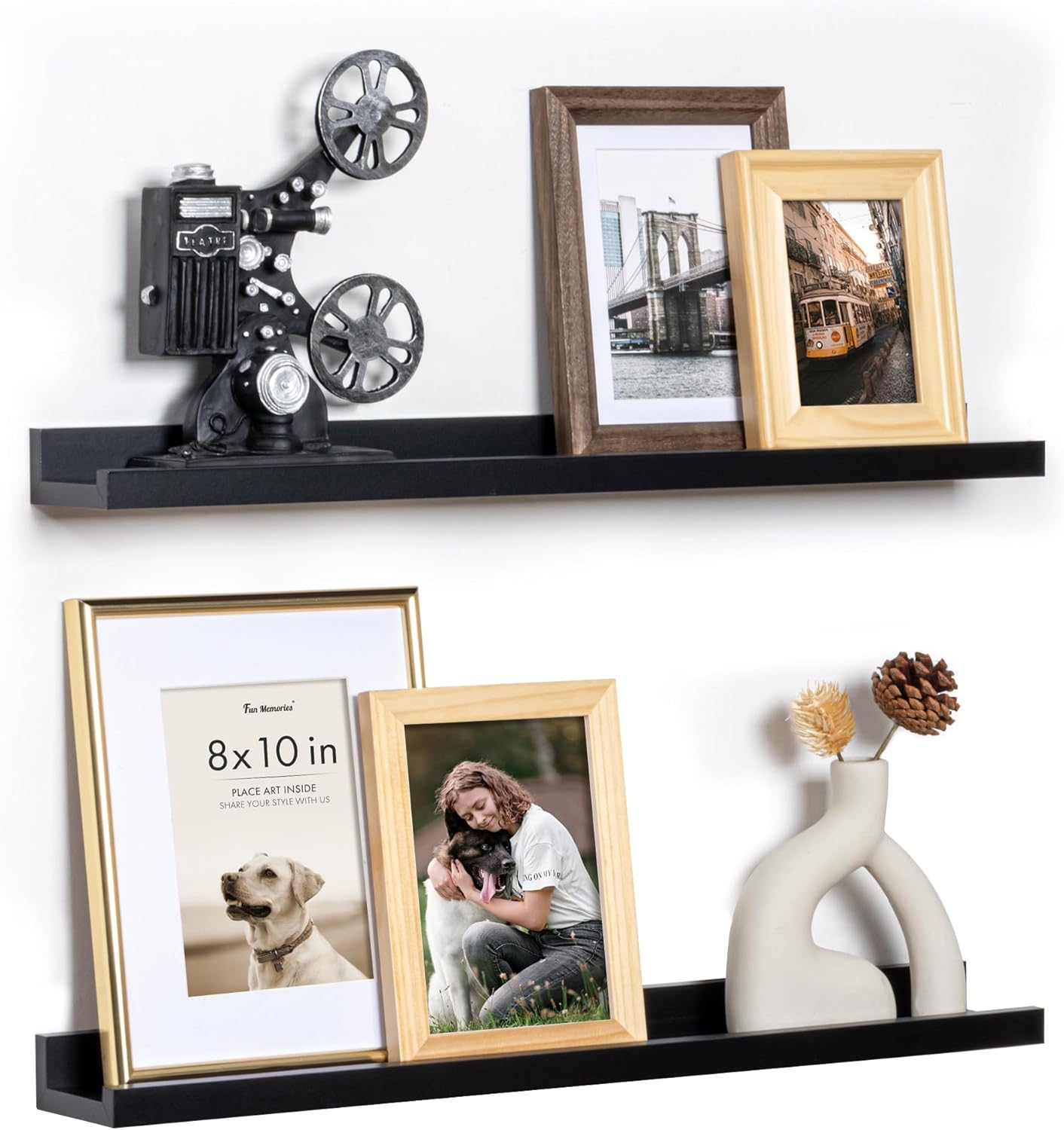 Fun Memories Picture Ledge Shelf, 24 Inch Floating Shelves Set of 2, Nursery Book Shelves for Toys Storage, Kids Bookshelf Wall Mounted for Wall Decor Books Photo Frames, Black