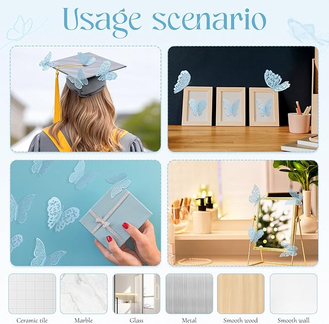 Bememo 72 Pieces 3D Butterfly Wall Decals Sticker Decal Wall Decor Art Decorative Sticker 3 Sizes for Room Offices Bedroom Bathroom Living Room Decor(Sky Blue)