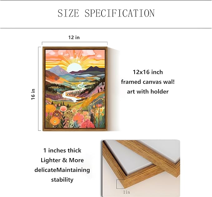 2Pcs Framed Boho Colorful Mountain Canvas Wall Art Abstract Sunrise and sunset Landscape Flower Wall Decor Watercolor Nature Forest Poster Print Artwork for Living Room Bedroom Office Home Decoration