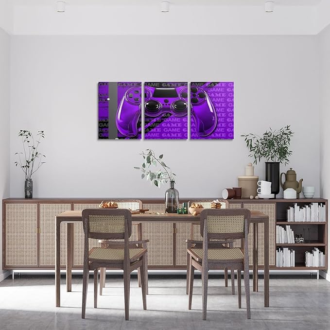 Feelyou Gamer Canvas Wall Art 12" x 16" 3 Piece Game Controller Office Wall Artwork Posters for Teens Adults Gaming Gifts Bathroom Wall Art for Home Gamepad Purple and Black Wall Painting