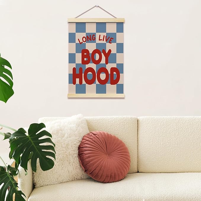 Long Live Boyhood Posters Hanger Frame for Boys Room Checkered Hanging Poster for Bedroom Kids Room Classroom Decor Wall Art Decor for Nursery Playroom Canvas Wall Art Print 16x12 Inches - YY065