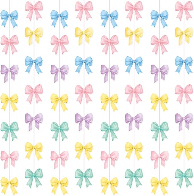 8 PCS Pastel Bow Classroom Decorations Bow Hanging Garland Banners Pastel Ribbon Streamer Paper Cutouts for Back to School Birthday Bridal Engagement Bachelorette Wedding Party Decor