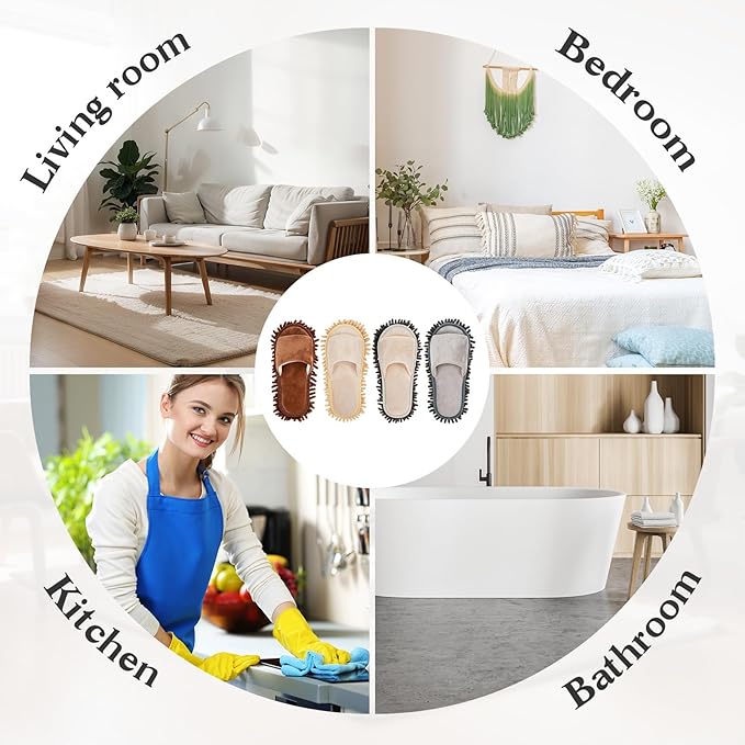 Jecery 4 Pair Washable Microfiber Mop Slippers Detachable Dusting Shoes for Floor Cleaning, Office & Home Use Suitable for Women & Men(Blue,Beige,Brown, White,M Size)