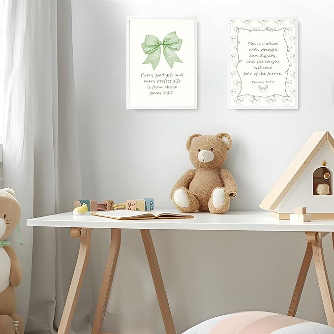 LARTSFRO Coquette Sage Green Bow Jesus Wall Art Decor Posters, Green Bow Room Bedroom Bathroom Wall Art Decor Aesthetic for Teen Girls Gifts, Inspirational Bible Verses Bow Wall Decor, 12x16 Inch Set of 4 Bow Pictures(UNFRAMED)