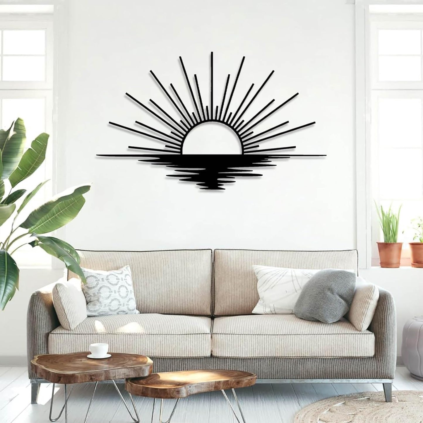 Sunrise Metal Wall Art, Metal Sun Wall Decor, Sun Outdoor Wall Art, Abstract Sunrise Wall Decor, Boho Home Hanging, Living Room Wall Hanging (Black, 48"x29"/121x72cm)