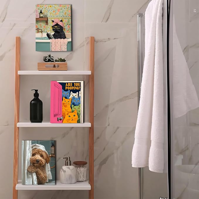Yaneiro Funny Bathroom Cat Canvas Wall Art, Framed Cute Cat Prints Posters Wall Decor, Are You Pooping Sign Animal Pictures for Living Room Bedroom Toilet Kids Room Wall Paintings 16x24 in