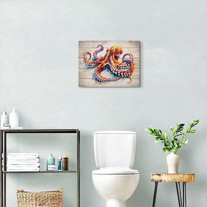 Ocean Bathroom Decor Octopus Wall Art Nautical Sea Animal Canvas Prints Rustic Marine Life Poster Vintage Coastal Pictures Painting Farmhouse Artwork for Bedroom Living Room Home Decoration 12x16"