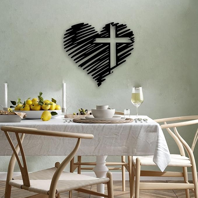 Heart Cross Metal Wall Decor - Elegant Minimalist Room Decor Love Wall Art Home Decor for Living Room, Bedroom, Dining Room, Bathroom, Office (Black)