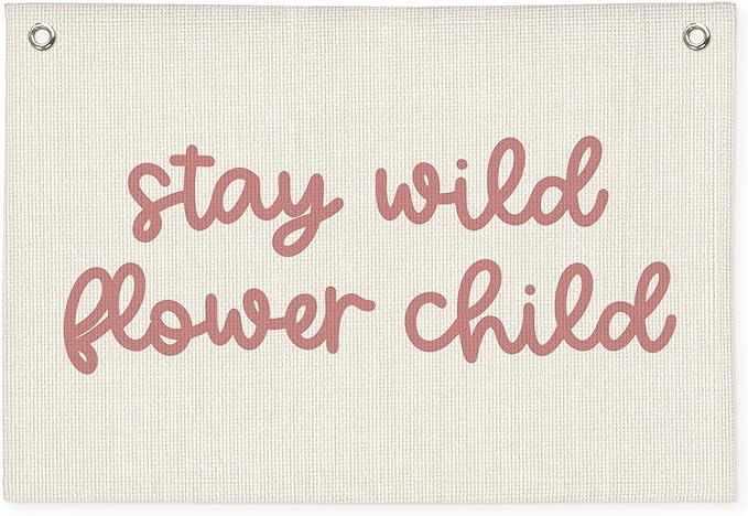 Girls Room Nursery Decor, Stay Wild Flower Child Linen Canvas Banner Wall Hanging Flag Decor for Little Toddler Baby Girls Room Playroom, Baby Shower Girl Decorations