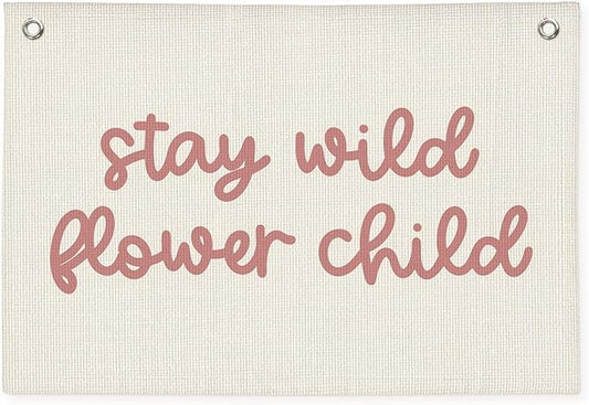 Girls Room Nursery Decor, Stay Wild Flower Child Linen Canvas Banner Wall Hanging Flag Decor for Little Toddler Baby Girls Room Playroom, Baby Shower Girl Decorations