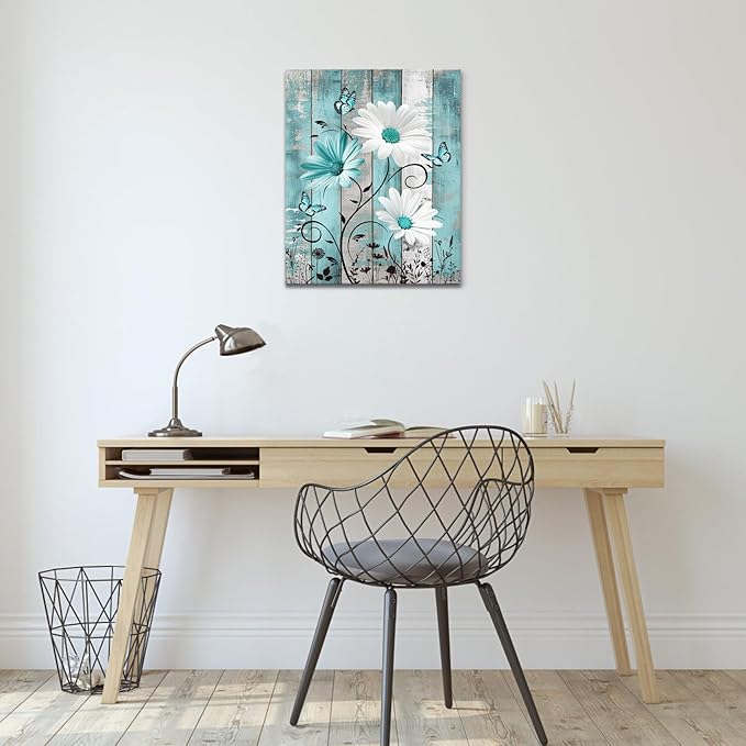 MYUSRE Rustic Daisy Teal Canvas Wall Art Vintage Floral Butterfly on Farmhouse Wooden Wall Decor for Bedroom, Flower Nature Plant Framed Wall Art for Living Room Bathroom Home Decor, 20L X 16W inches