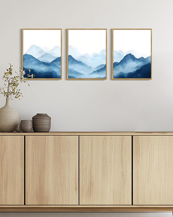 Drsoum Blue Fog Mountains Landscape Wall Art Framed Vintage Nature Misty Nordic Prints Ink Wash Watercolor Boho Farmhouse Rustic Artwork Hallway Bedroom Ready to Hang 11x14in Natural Framed