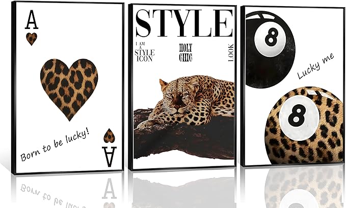 3Pcs Fashion Leopard Print Canvas Wall Art Cheetah Paintings Wall Decor Stylish Lucky 8 Ball Posters Prints College Style Room Aesthetic Pictures for Girls Bedroom Apartment Dorm Decoration Unframed